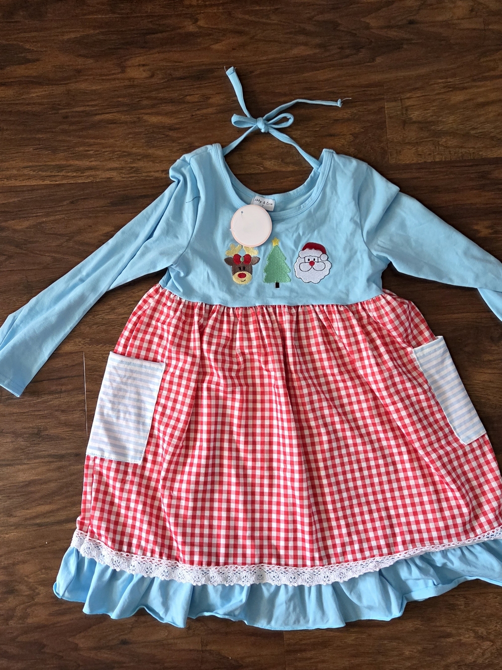 Abby & Evie Blue Holiday Gingham Girls Dress with Pockets